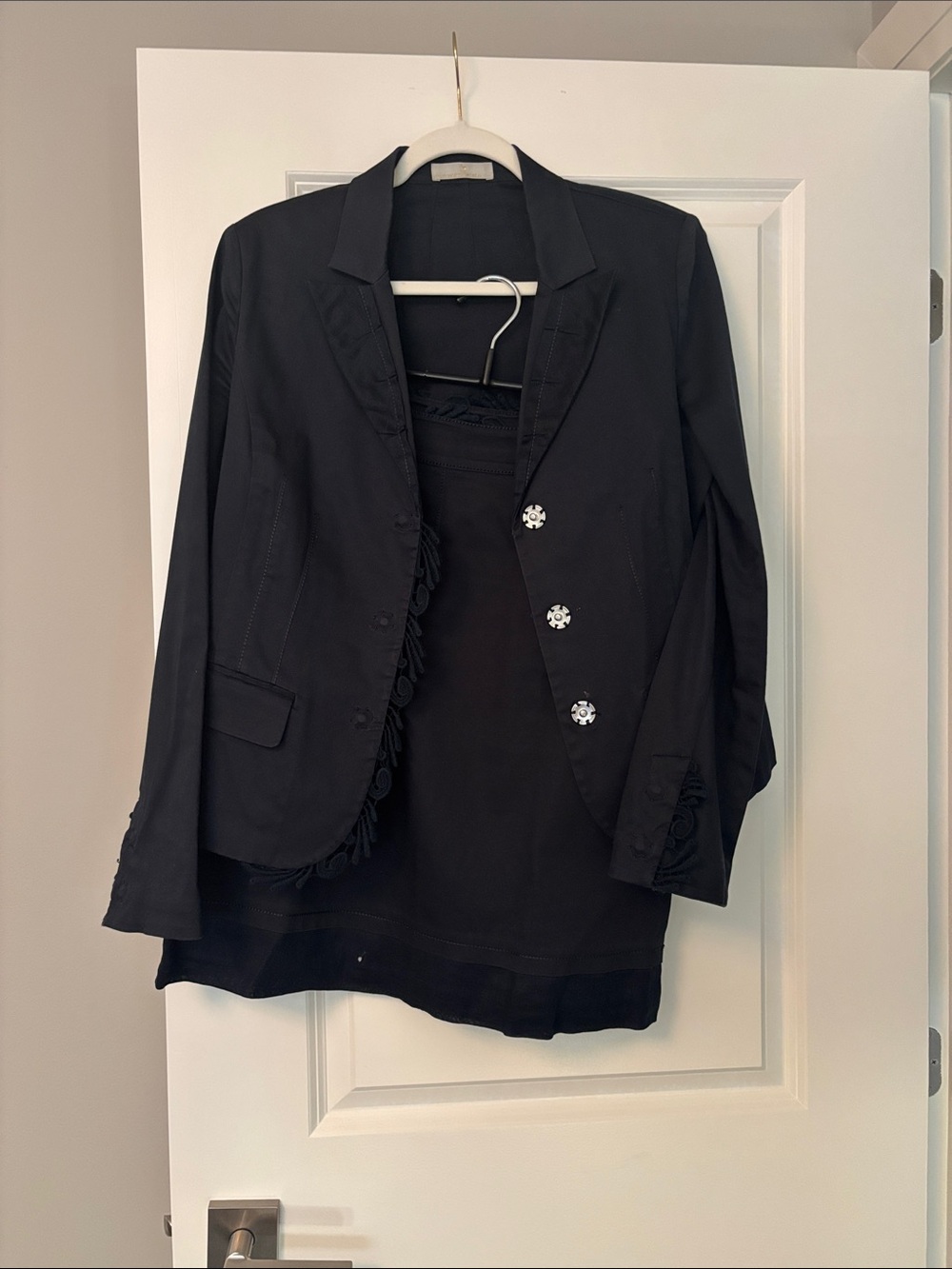 Women's dark navy Tailored Blazer Jacket - Single-Breasted Style and skirt